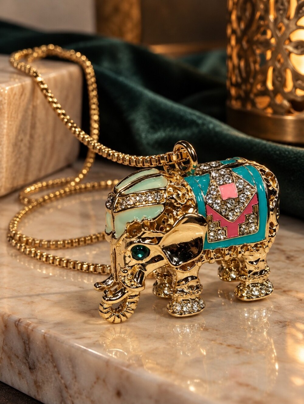 Elephant Pendant Necklace Turquoise Pink Rhinestone Gold Tone